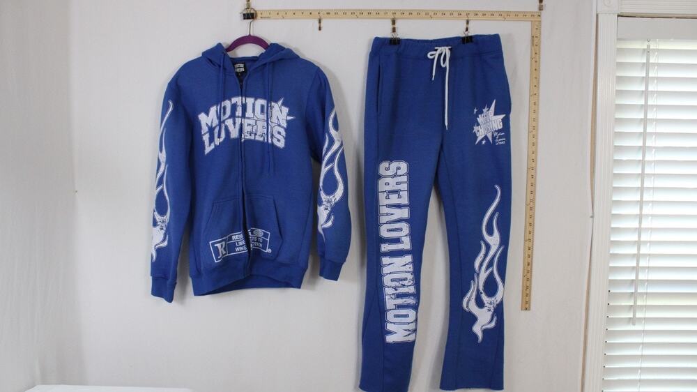 Motion Lovers Men L Blue Flame Graphic Zip Hoodie Sweatpants Tracksuit Set